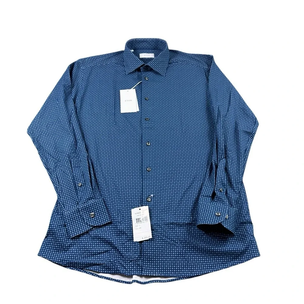 ETON Blue Gray Geometric Current Cotton Stretch L/S Slim Button‎ Front 17/43 NWT